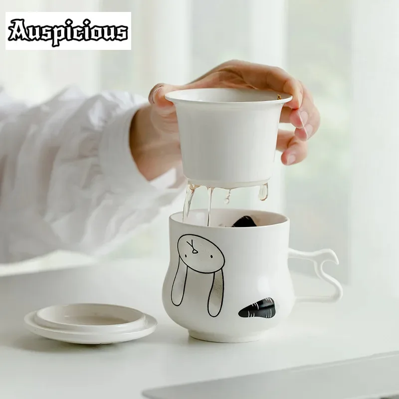 

320ml Cute Rabbit Ceramic Drinking Cup Home Office Female Tea Cup Water Separation Soaking Filter Mug with Lid and Handle Gifts