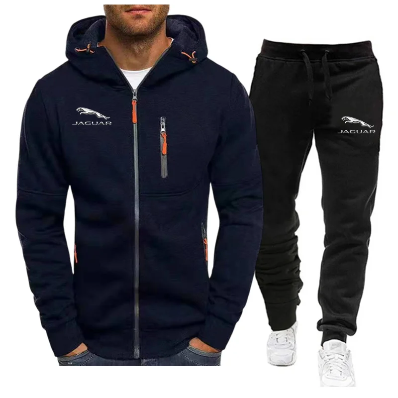 Men Jaguar Car Logo Print 2 Piece Sets Sportswear Zip Hooded Sweatshirt+Pants Gym Running Men Clothing 2024 New Tracksuit