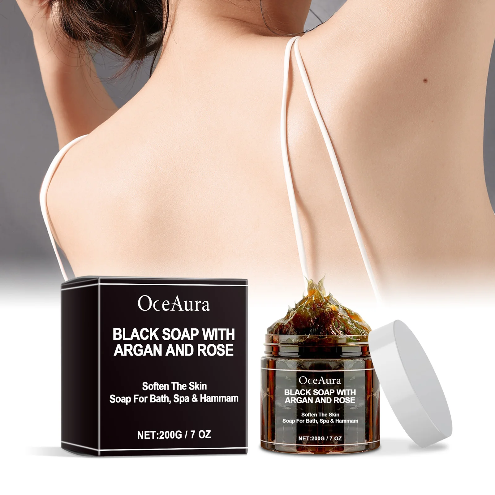 

Черное мыло OCEAURA с арганом и розой, без мыла Beldi, идеально подходит для удаления омертвевшей кожи, скраб для тела, очищающий, глубоко очищающий, 200 г/7 унций