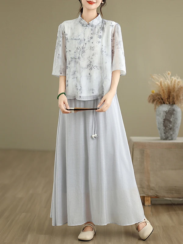 

Модный китайский комплект, юбка-миди с высокой талией, воротник-стойка на пуговицах, женский костюм из двух предметов с принтом све