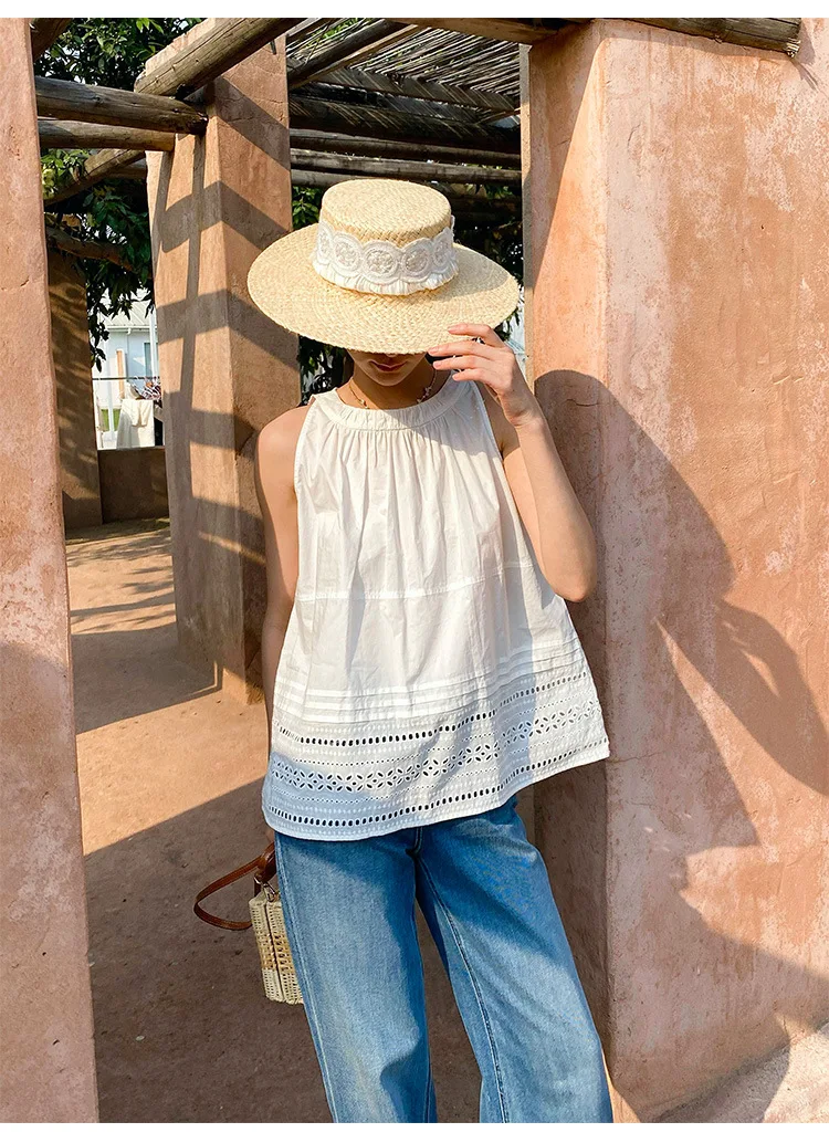 Francês estilo elegante blusa camisa tanque feminino branco verão 100% algodão oco para fora sem mangas férias senhoras colete topos novo