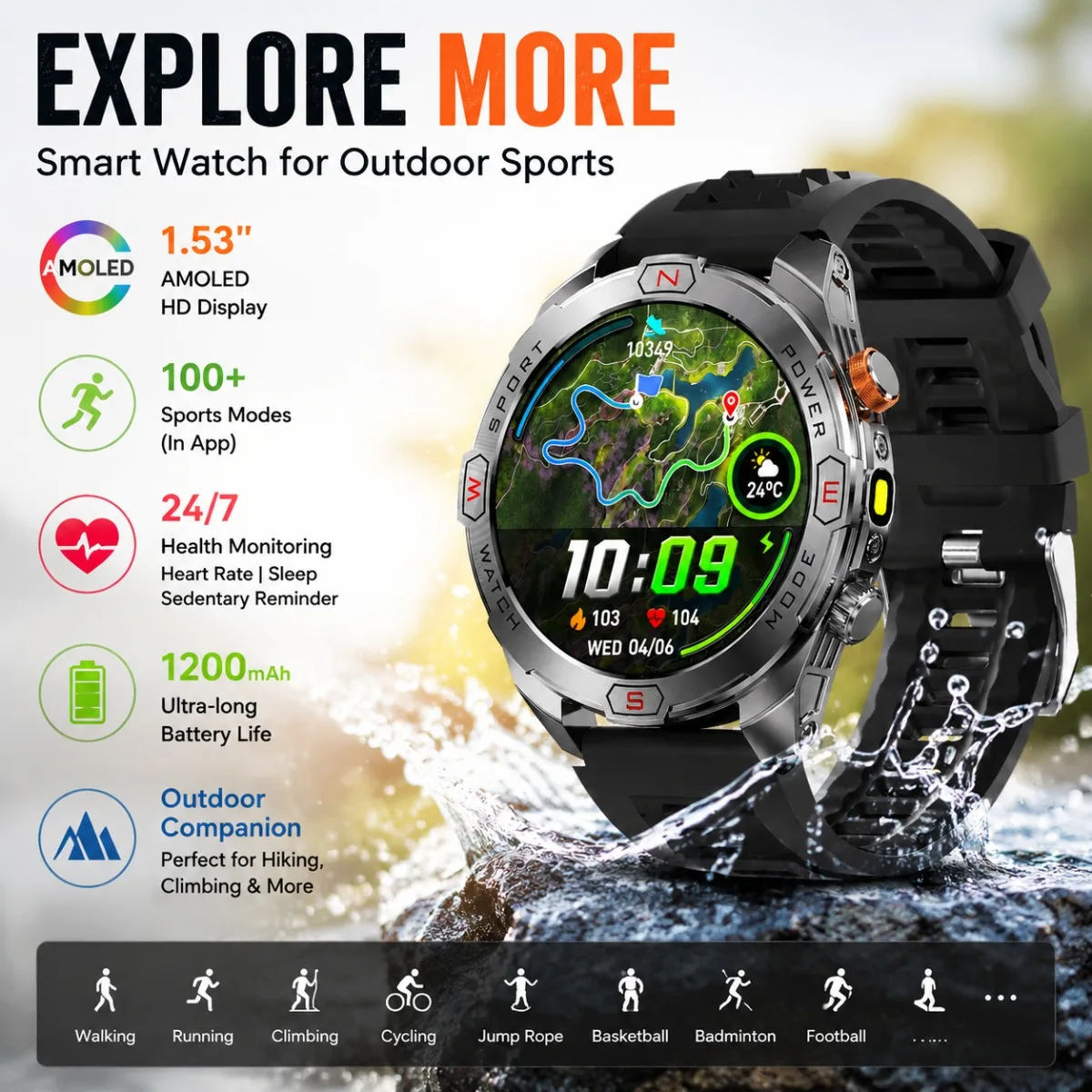 2026 New Smart Watch for Men 1200mAH Battery Compass Fitness Heart Rate Sports Bracelet Bluetooth Calling Sports Mode Smartwatch