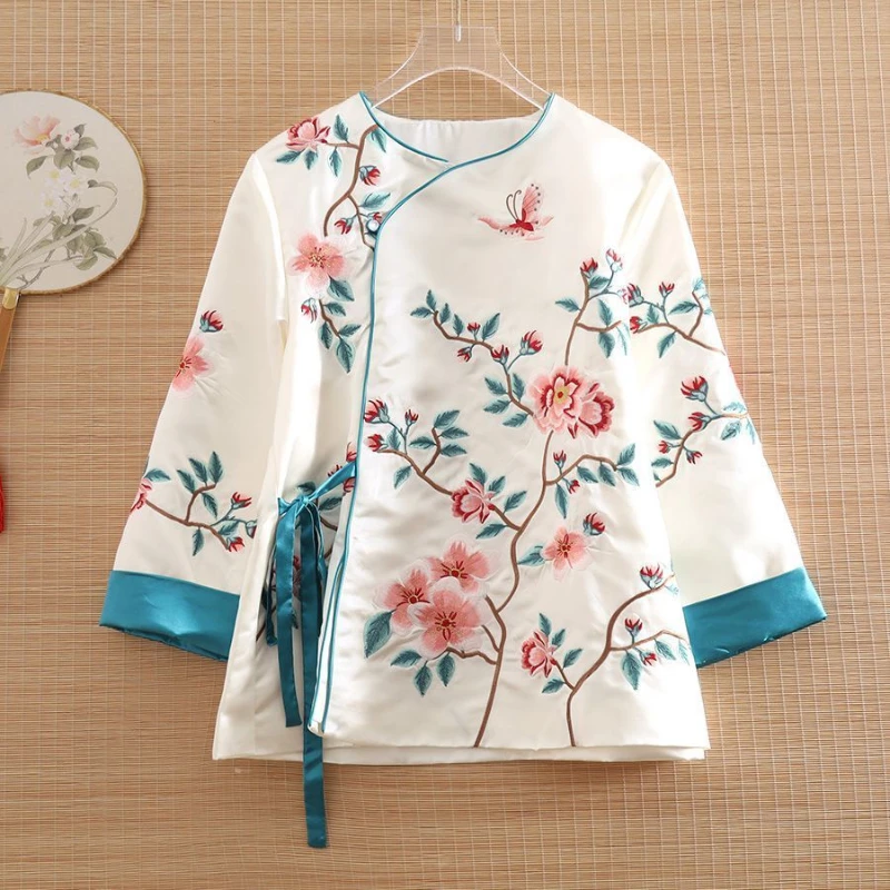 

Tang Suit Embroidery Top Ancient Chinese Suit Short Style 2023 New Spring Flower Embroidery Side Lace Loose Elegant Top Woman