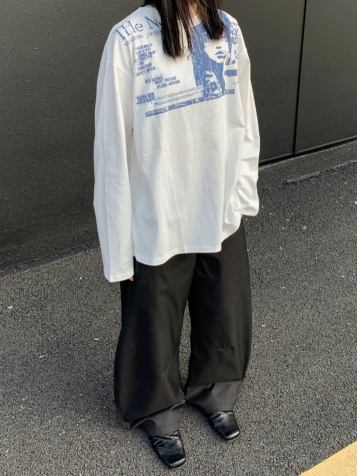 

USKM American Retro Long Sve T-irt ex Lazy Sle Loose round Ne Overhead Trendy Cotton Artistic Print Casual Top