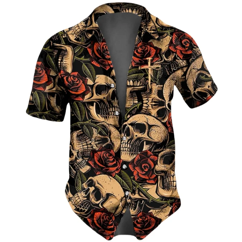 Horror Skulls Print  Men\'s Shirts Summer Hip Hop Style Short Sleeve Lapel Shirts For Men Streetwear Hawaiian Beach Holiday Shirt