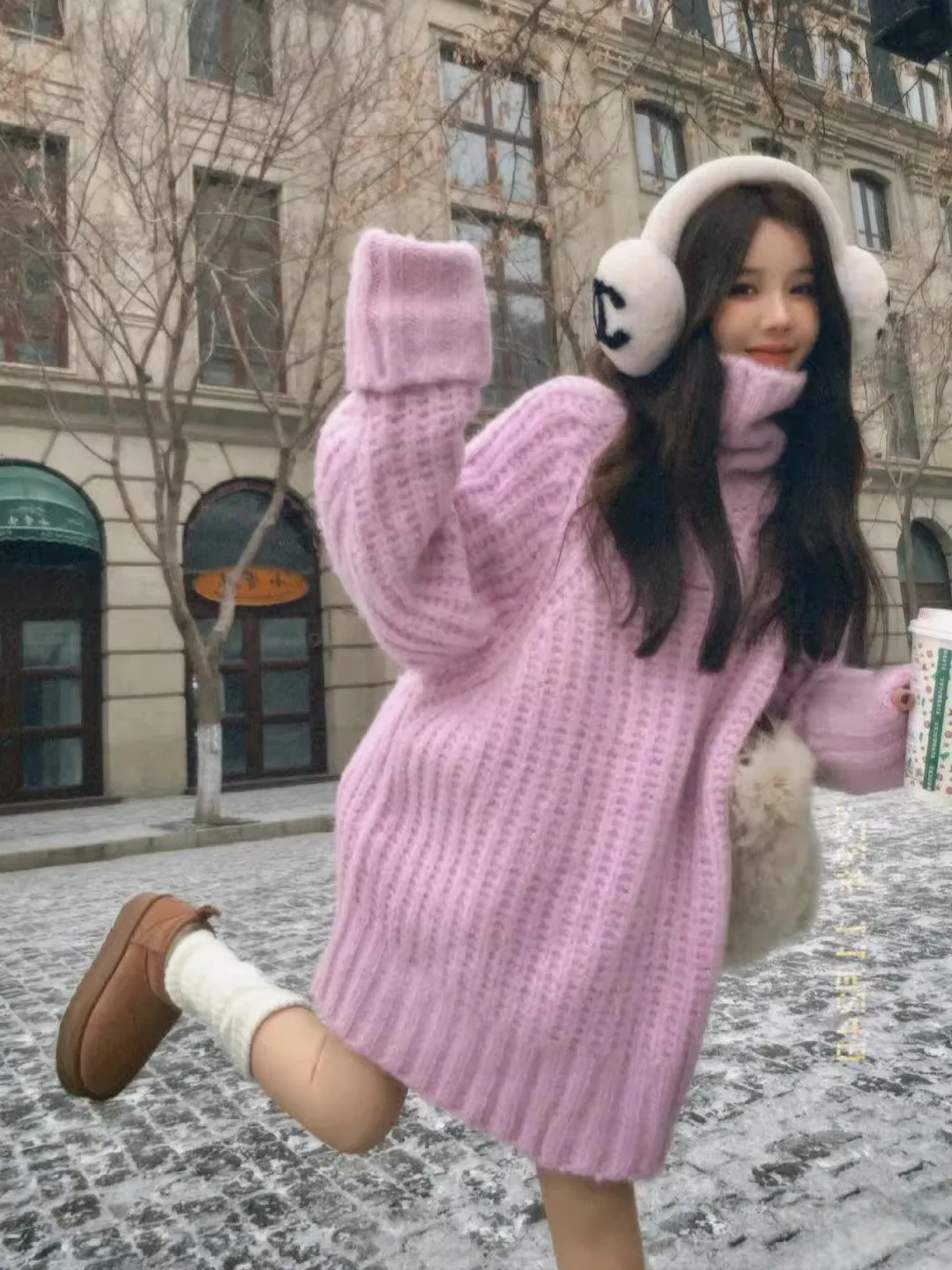 

Cozy Pink High Collar Sweater Women's Autumn Winter Lazy Sle Loose Medium Length Thi Knitwear Top Warmth Heating Long Sve