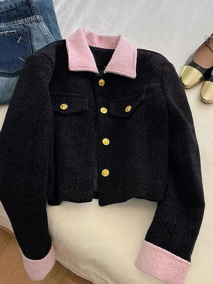 Short Coat Korean Style Commute Windbreaker Female Autumn Winter Thickened Woolen Collar Color Block Metal Button Ladies