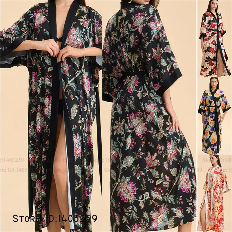 

Длинный свадебный халат с цветочным принтом, женское кимоно, халат, элегантное шелковое атласное платье для сна, ночная рубашка, сексуальная свободная домашняя одежда, пижама