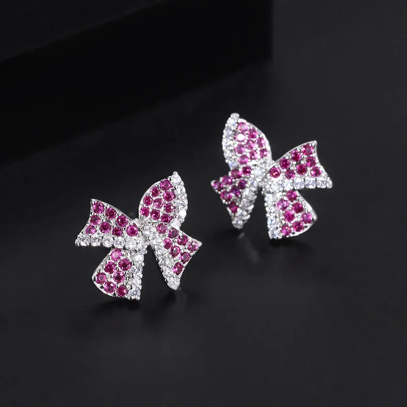 Trendy 925 Silver Needle Bow Stud Earrings Bracelet Set for Women Girls Luxury Cubic Zirconia Flower Wedding Anniversary Jewelry