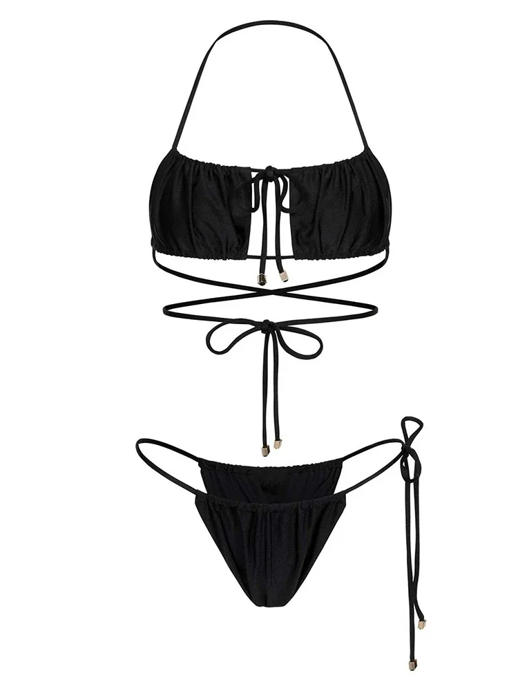 Black Bikini Sets Women String Halter Brazil Bathing Suit  2025 Sexy Push Up Monokini Biquini New Brazil Lace-up Swimwear S179