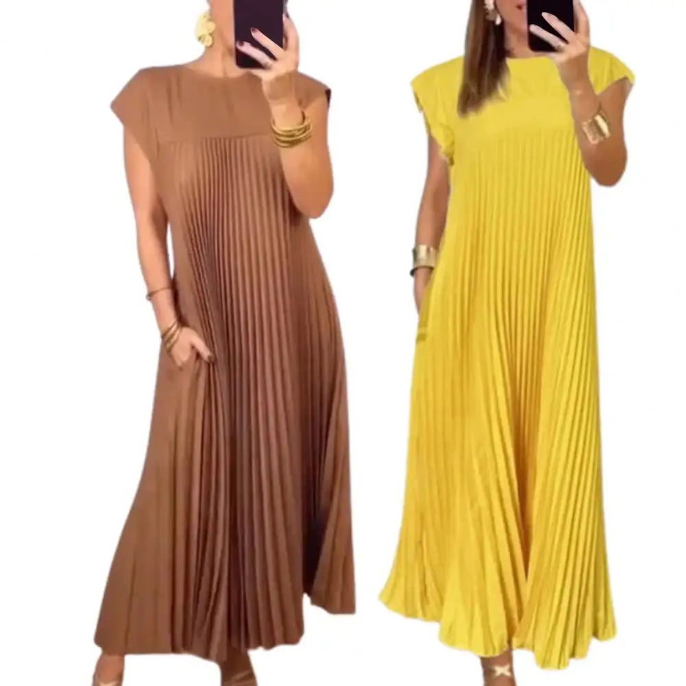 Vestido largo plisado elegante con bolsillos laterales para mujer, vestido de verano de línea a de Color sólido para viajes, vacaciones en la playa, redondo