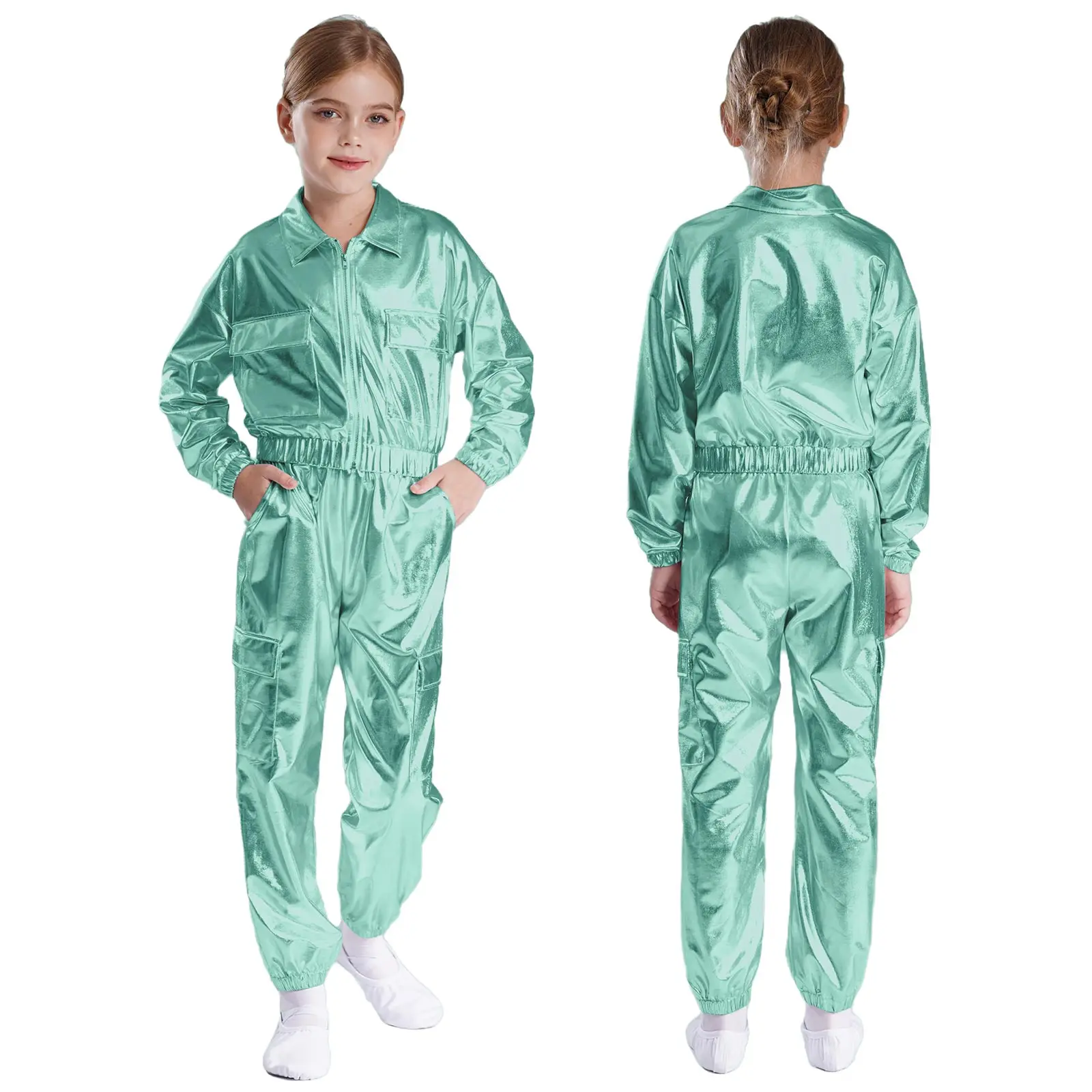 Kinder Jungen Mädchen Jazz Hip-Hop Street Dance Performance Kostüm Metallisch glänzend Langarm Sportjacke Mantel mit Hosen Outfits – Detail 3