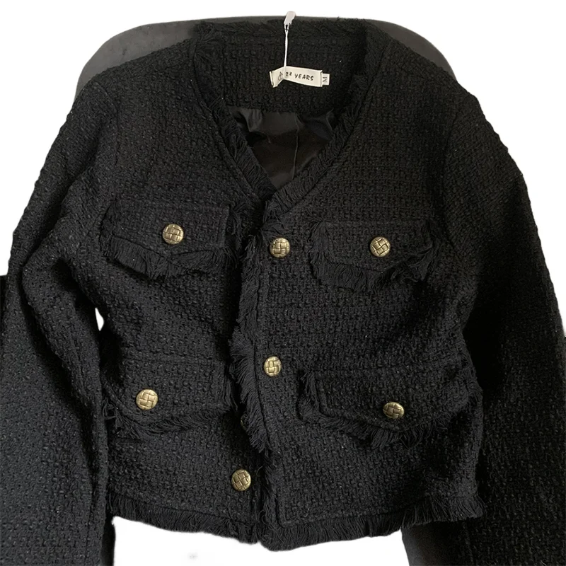New Korean Fashion Cropped Tweed Jacket Women Autumn Winter Black Long Sleeved Tassel Coats Elegant All Match Outerwear