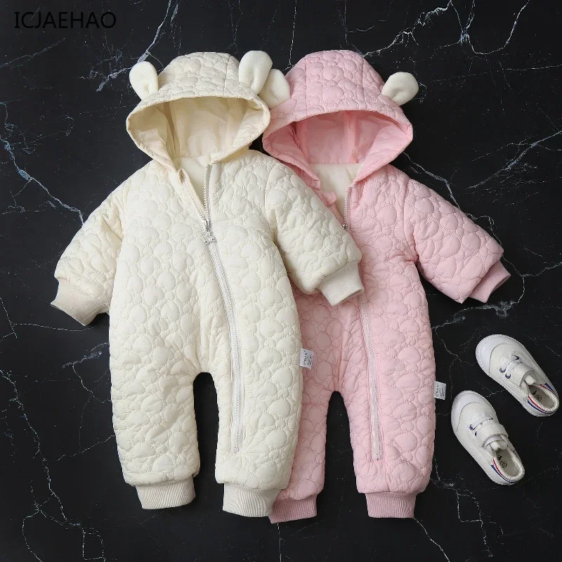 

ICJAEHAO 2024 Newborn Romper New Cute Ear Hooded Winter Baby Girl Boy Casual Clothes Coat High Quality Boutique Warm Jumpsuit