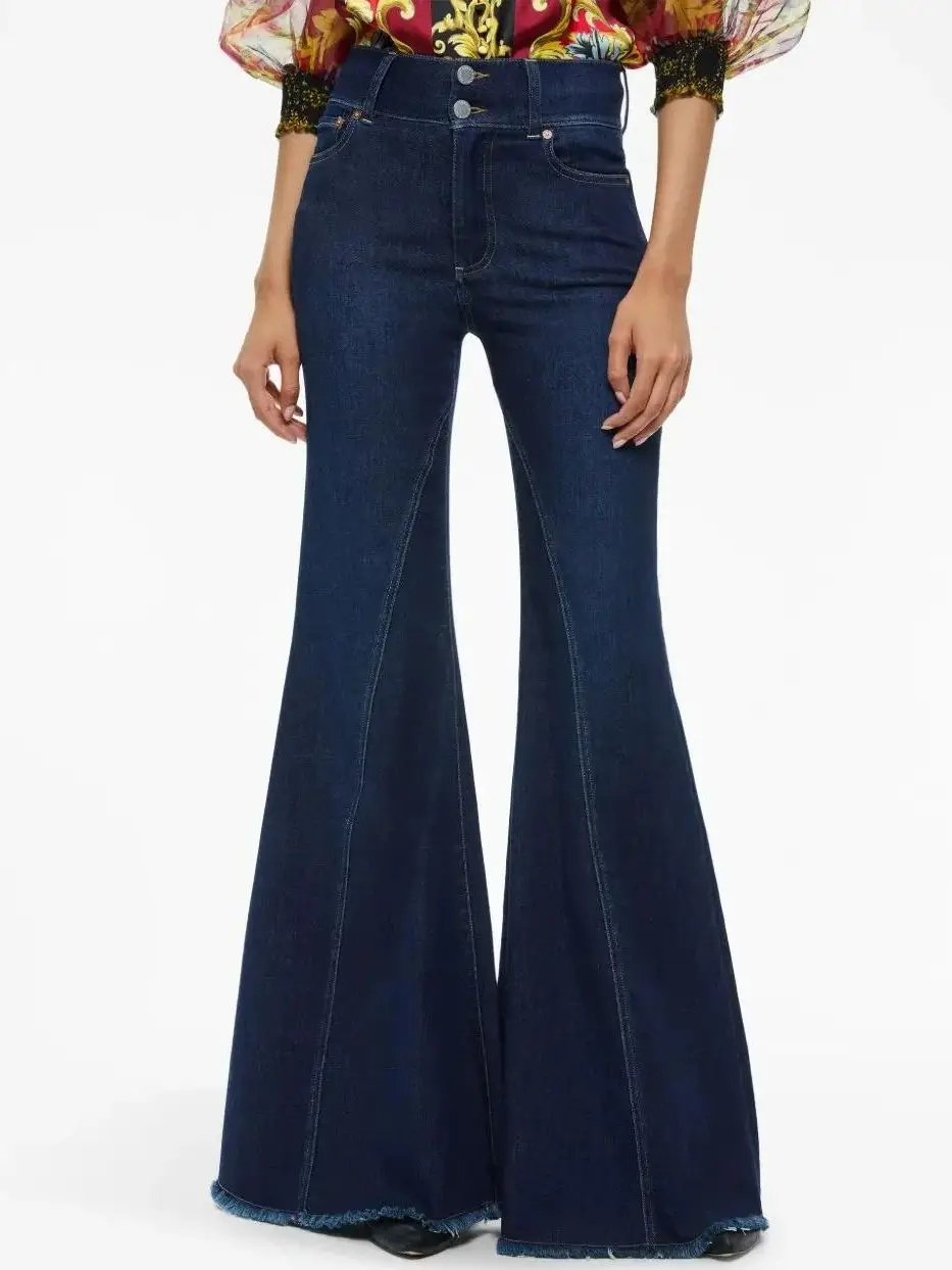 

2025 New Women Blue Flared Jeans High Waist Solid Color Fashion Slim Denim Pants