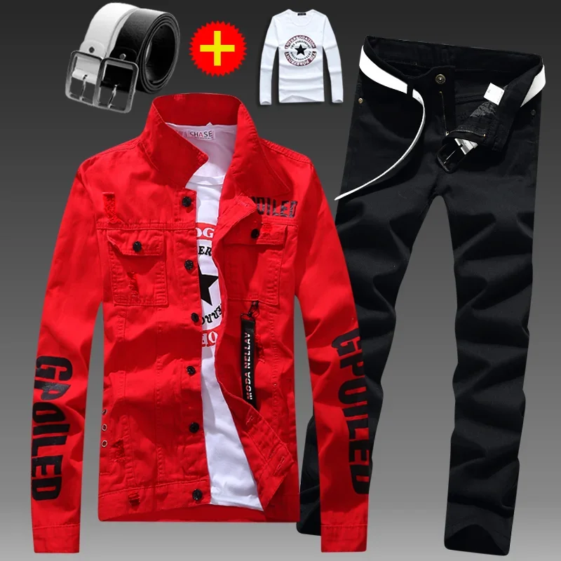 Men\'s Slim Fit Denim Jacket Pants 2pcs Set Long Sleeve Coats Letters Printed Casual Large Size Black White Red Boys Trousers