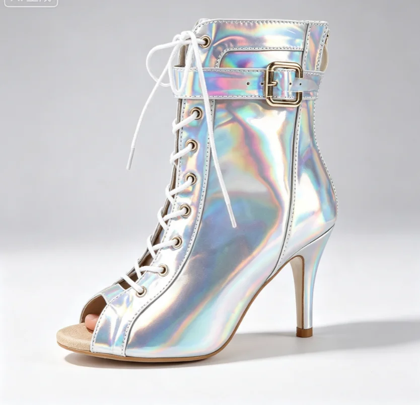 Evk Laser Dance Boots Women Peep Toe Lace-Up Buckle Ankle Dance Shoes High Heel Latin Salsa Ballroom Performance Dance Sandals