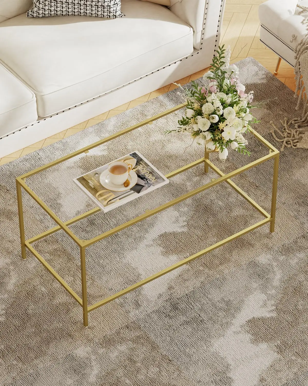 

Modern Rectangular Glass Coffee Table with Gold Metal Frame, Easy Assembly for Living Room or Office