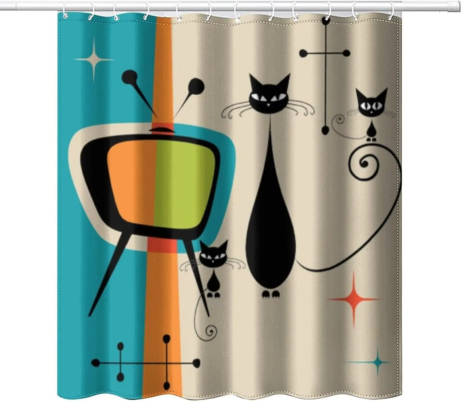 Retro Mid Century Modern Shower Curtain, Vintage TV & Black Cat Art, Atomic Starburst Pattern 1950s Style Bath Decor, Waterproof