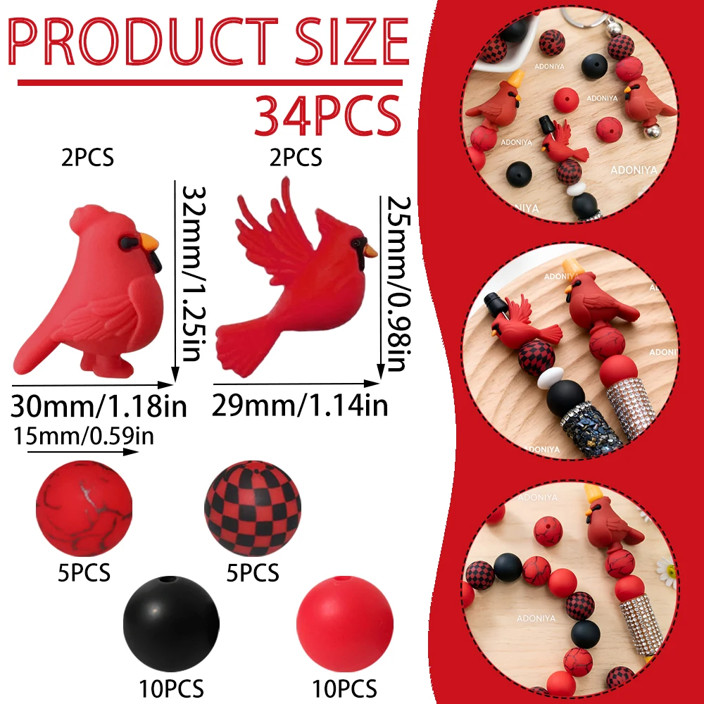 33/34-teiliges Set aus Silikonperlen der Red Bird Serie für DIY-Halsketten, Armbänder, Dekorationen, Stifte, Schmuckanhänger usw. Geburtstagsgeschenk für die Feiertage – Detail 4