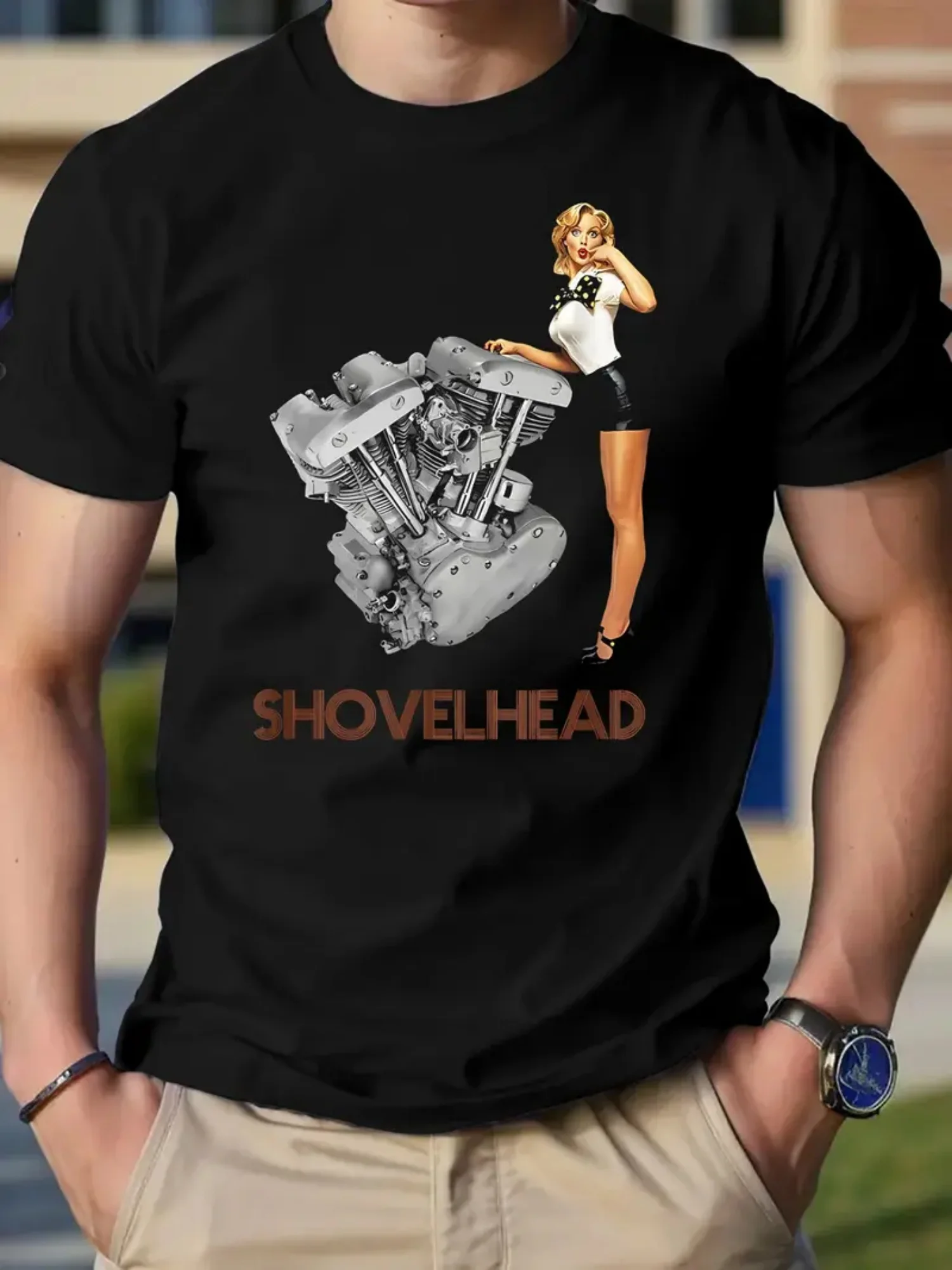 

"Shovelhead V-Twin Engine" Graphic Tee - Soft, Moisture-Wicking Black Cotton with Vintage Motorcycle Design, Round Neck, Casual