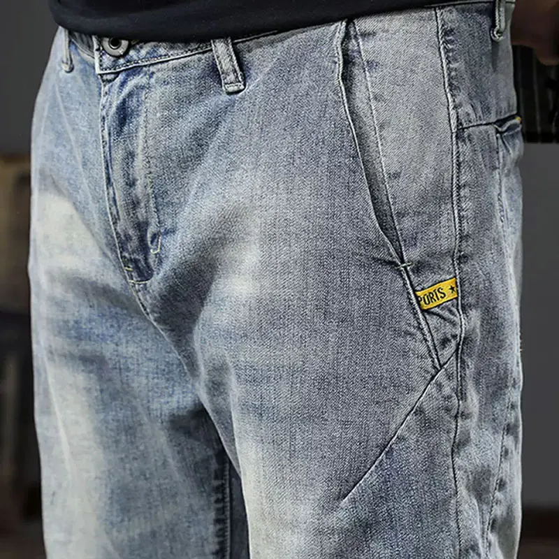 Fashion Designer Men Jeans Retro Blue Elastic Slim Fit Spliced Vintage Jeans Men Korean Style Casual Denim Pencil Pants Hombre