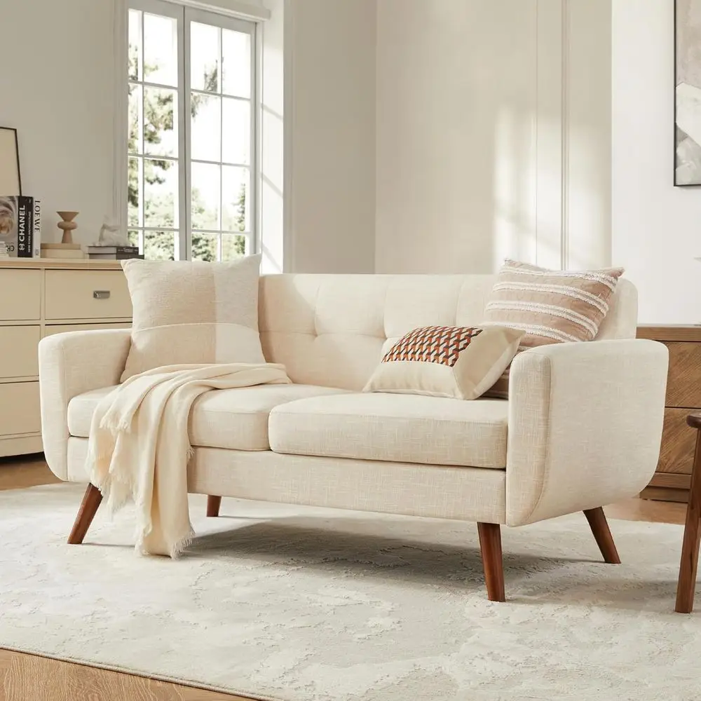 

65 Wide Modern Loveseat Sofa, Button Tufted Linen Upholstery, Solid Wood Frame, Ideal for Living Room or Bedroom
