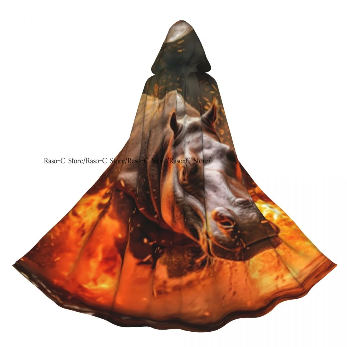 Hippo Surrounded By Water Flames From Forest Struggle Hooded Cloak Polyester Unisex Witch Cape Costume Accessory