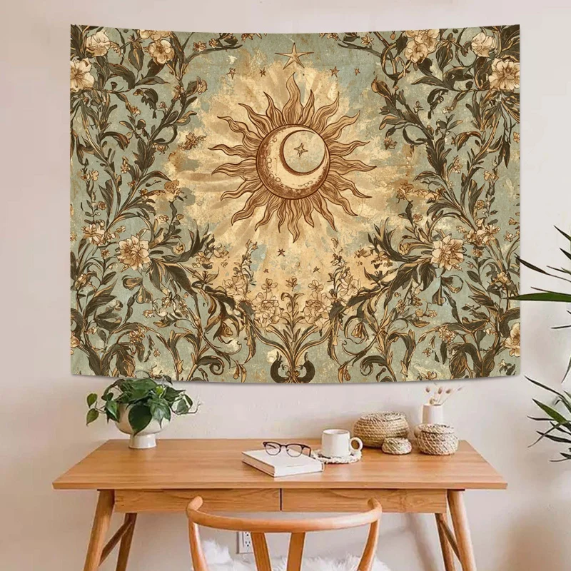 

Гобелен VIKAMA в стиле ретро с изображением солнца и луны, гобелен в богемном стиле с цветочным узором, настенный гобелен для спальни, гостиной, эстетичное украшение для дома