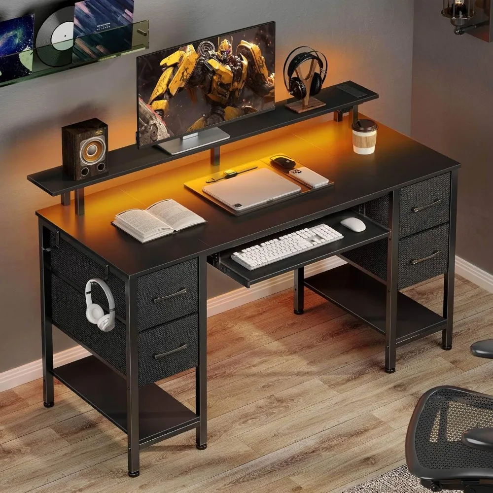 مكتب كمبيوتر Seventable 47.2 مع أضواء LED ومنافذ طاقة، مكتب منزلي مع 4 أدراج، مكتب كتابة مع صينية لوحة المفاتيح،
