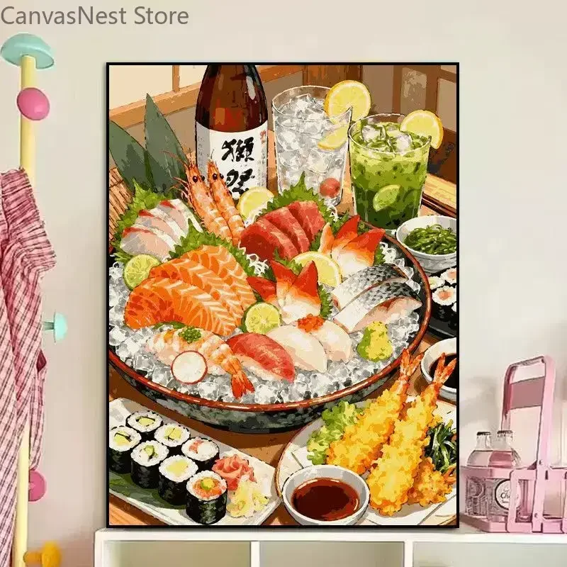 Japanese Food Canvas Wall Art Set Sashimi Sushi Tempura Drink Delicious Food Print Painting for Teen Bedroom Dorm Home Decor