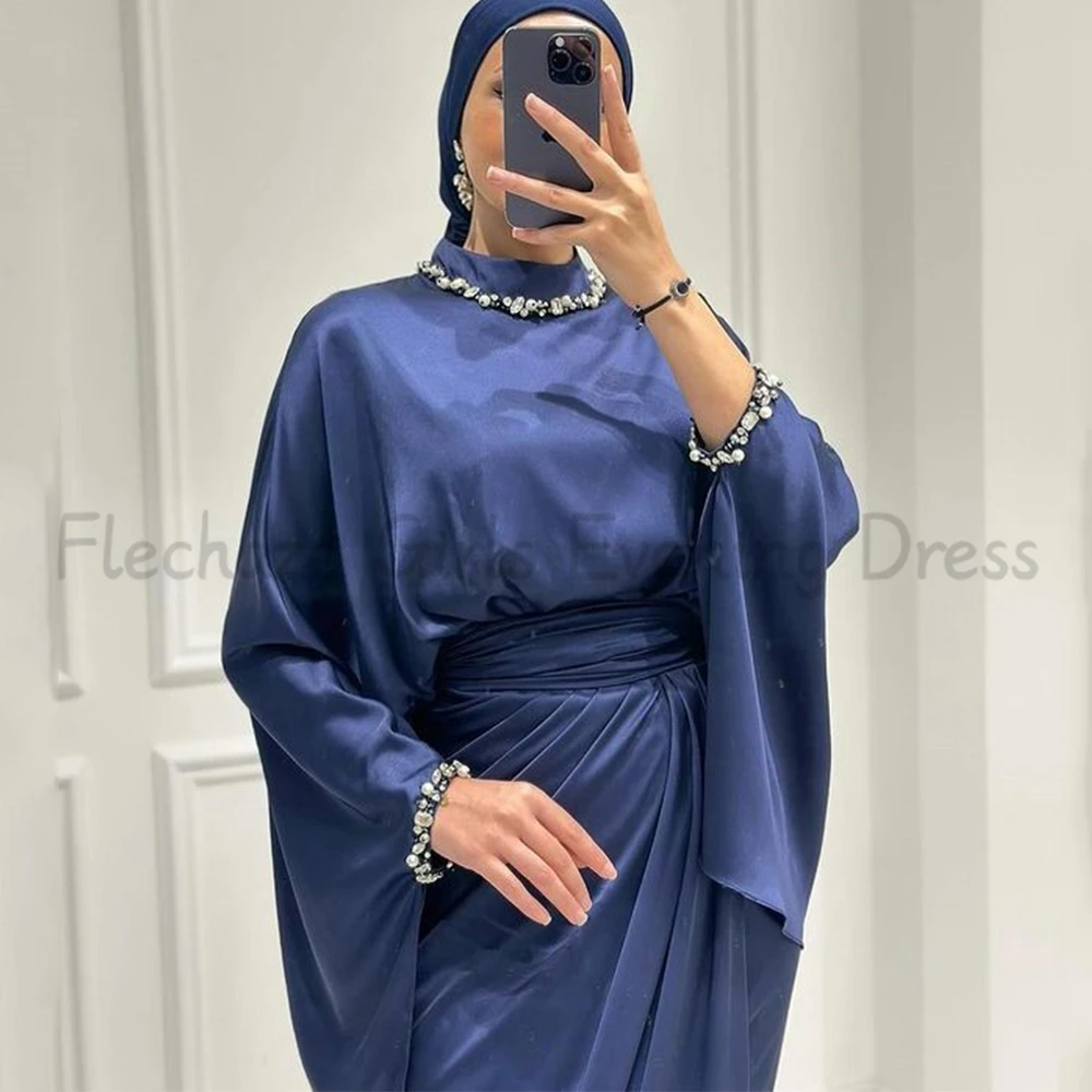 Flechazo High Neck Muslim Evening Dress Long Sleeves Ankle Length with Pleat Women Beading Party Gowns for Wedding Guest