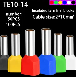 TE10-14 Insulated TWIN CORD End Terminals Suit 2*10mm² Cable Wire Connector Crewel Tube Preinsulating Terminals 50/100PCS/Pack