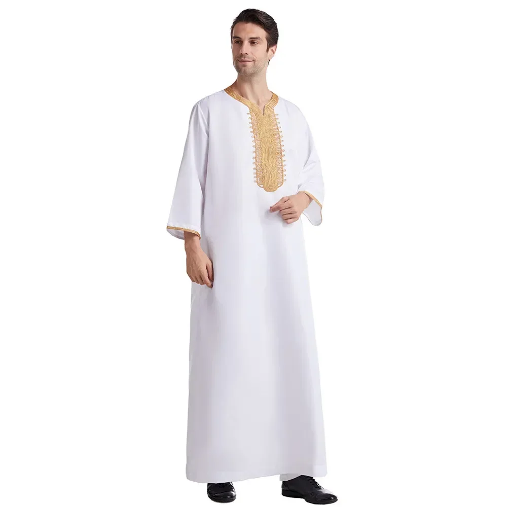 Muslim Men Jubba Thobe Solid Color Breathable Embroidery Long Robes Gown Islamic Arabic Kaftan Abaya Middle East Dubai Pakistani