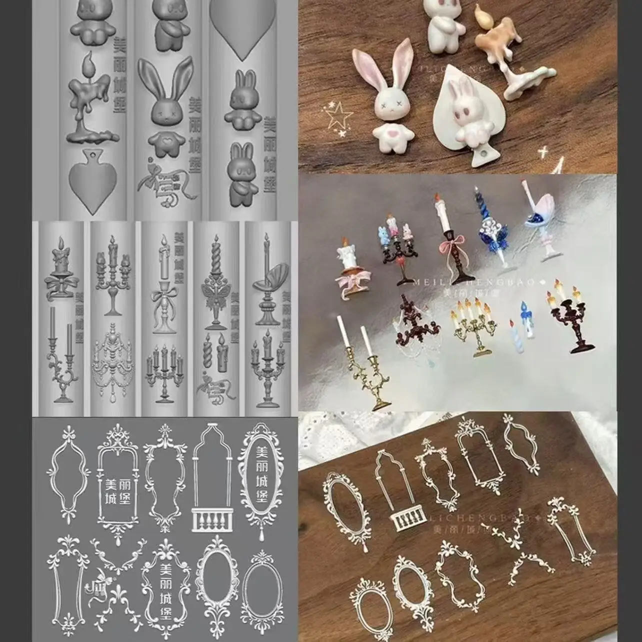 1Pc Rococo Picture Frame Candlestick Rabbit Ribbon Bow 3D Acrylic Mold Nail Art Decorations DIY Silicone Templates Nail Mold