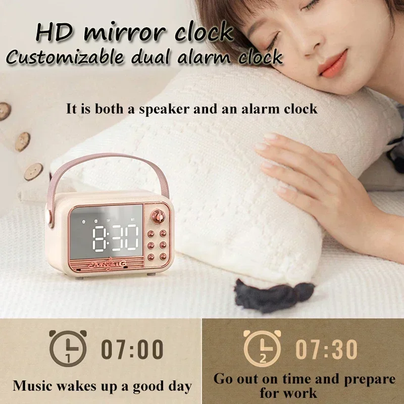 LED Mirror Classical Music Bluetooth Speaker Player HIFI Stereo Sound with Time Display Dual Alarm Clock Support TF AUX Retro