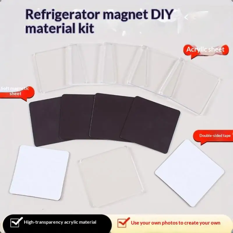 DIY Refrigerator Magnet Transparent Acrylic Square Round: 5 Sets Magnetic Sheet Material Package Home Decor Kids