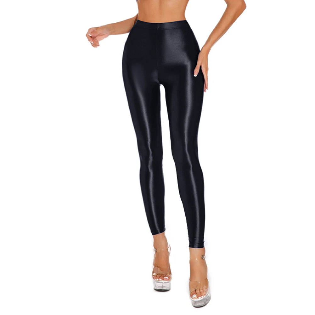 Trendy Ladies Womens Satin Glossy Stretchy Shiny Wet Look Leggings in Light Purple Suitable for Yoga and Dancing M XL