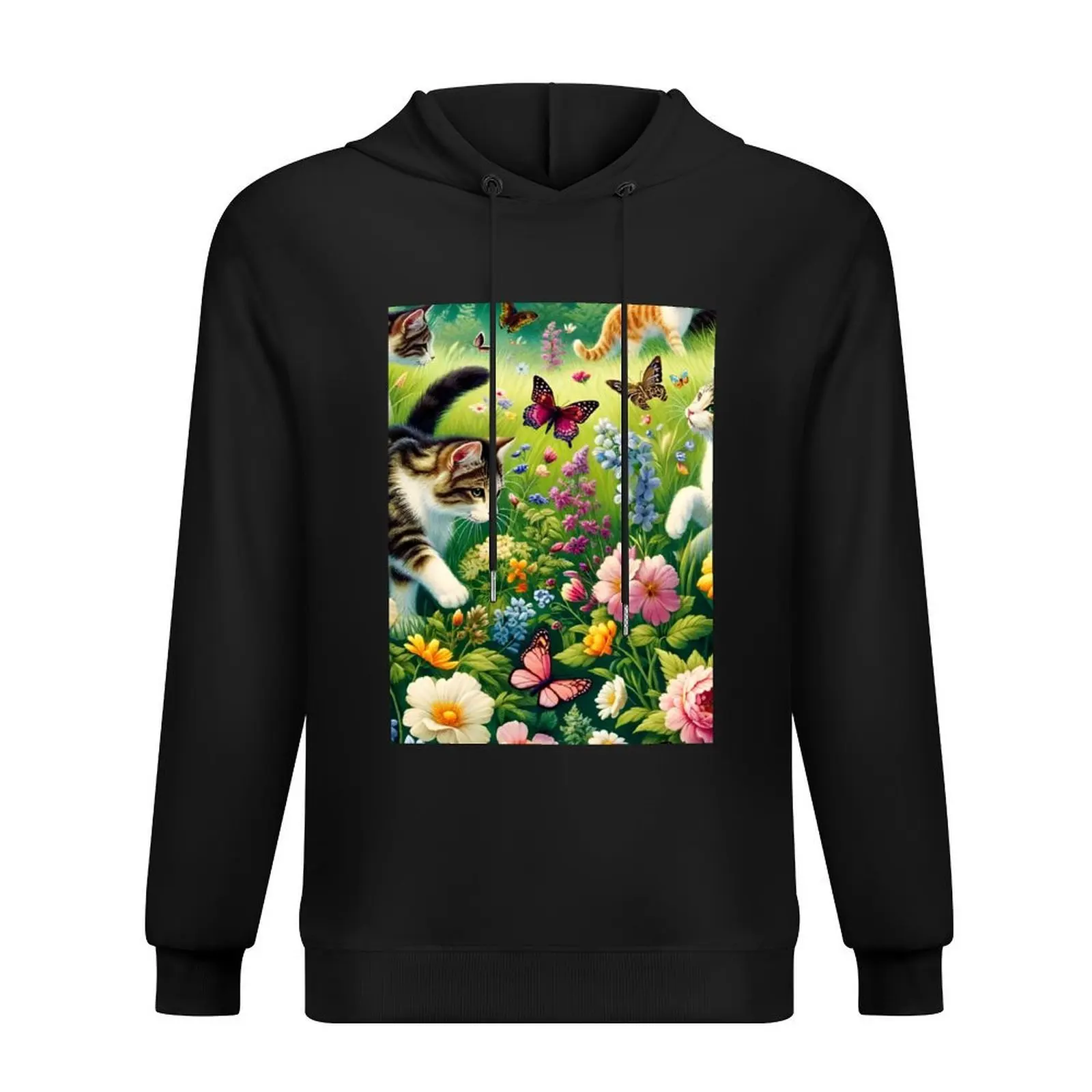 

Enchanted Garden Cat Exploration - Whimsical Feline Floral Print Hoodie men's clothing autumn new products hoodie graphic