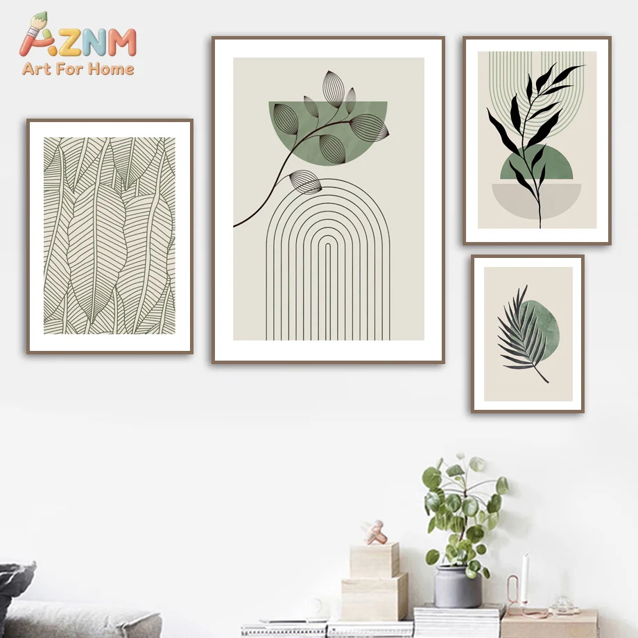 AZNM Sage Green Botanical Line Canvas Print Abstract Leaf Rainbow Arch Neutral Beige Minimalist Boho Plant Wall Poster Unframed