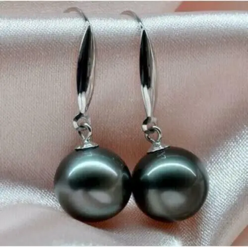 

LUSTER AAAAA 10-11mm REAL natural Tahitian black pearl earring 14k White Gold