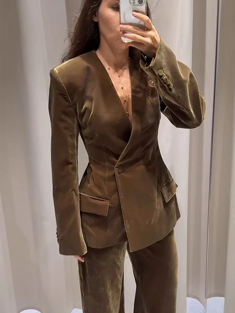 ชุดกางเกงกำมะหยี่ผู้หญิงสุดหรู 2 ชิ้น แฟชั่นเสื้อเบลเซอร์กระดุมเดี่ยวแขนยาว กางเกงขายาวทรงกว้าง ซิป ชุดทำงานใหม่สำหรับฤดูใบไม้ผลิ