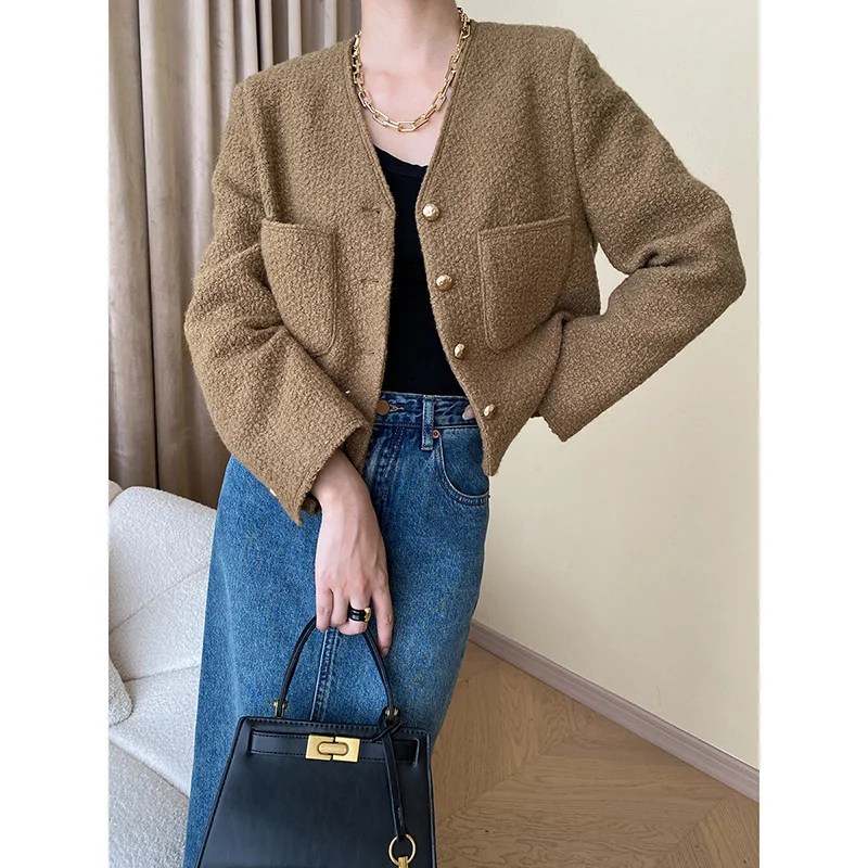 

High Quality Simple Casual Grey Khaki Office Lady Jacket Women Small Fragrance Elegant Chic French Classic V-neck Tweed Coat