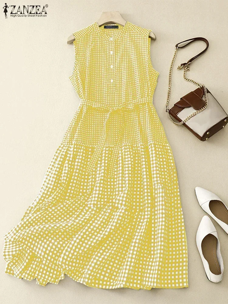 ZANZEA 2025 femmes été longue robe mode col rond sans manches Plaid robes vacances plage ceinturée une ligne décontracté Midi robe d'été