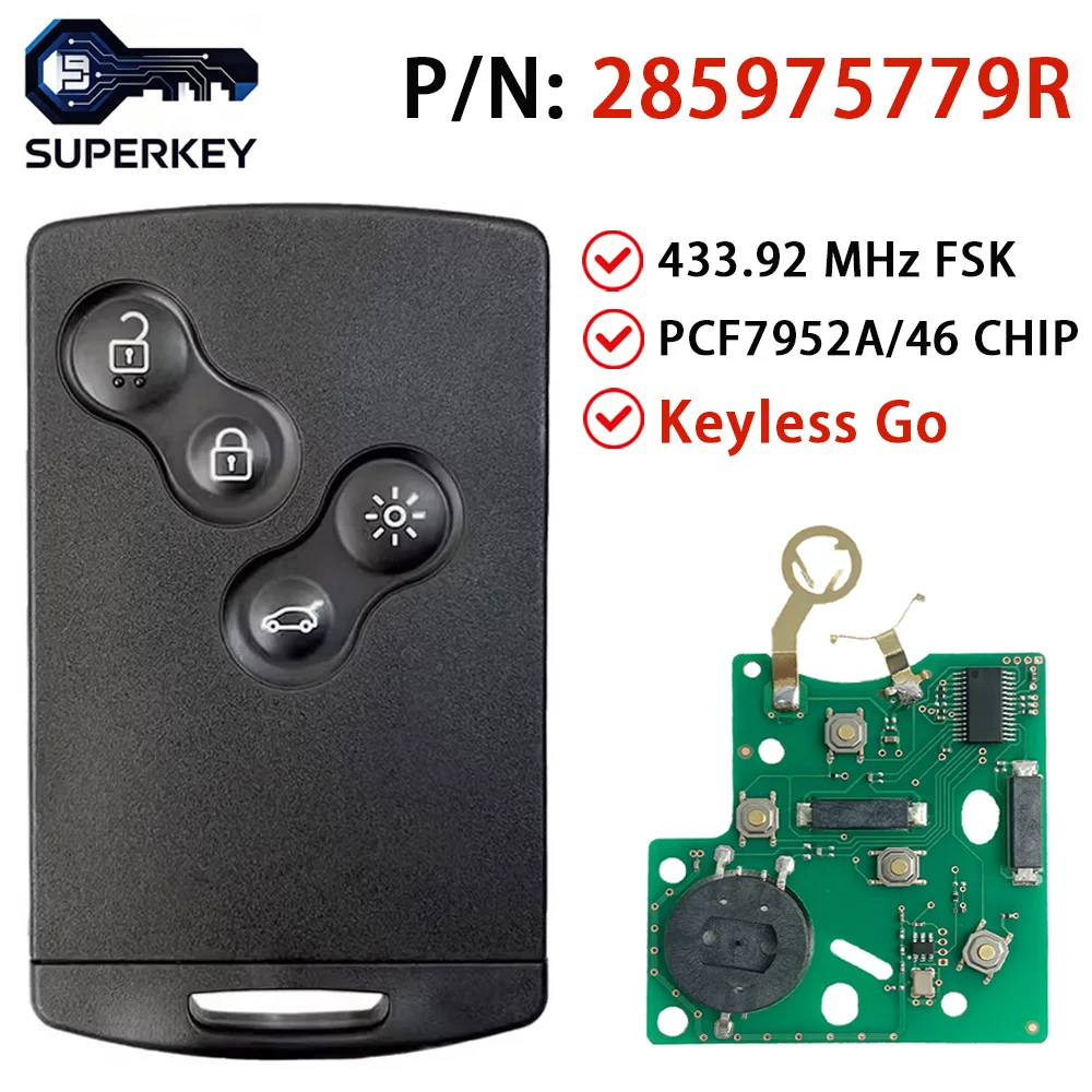 46 Chip PCF7952A 433MHz For Renault Megane III Fluence Laguna III Scenic 2009-2015 Hands Free Keyless Smart Card Car Key