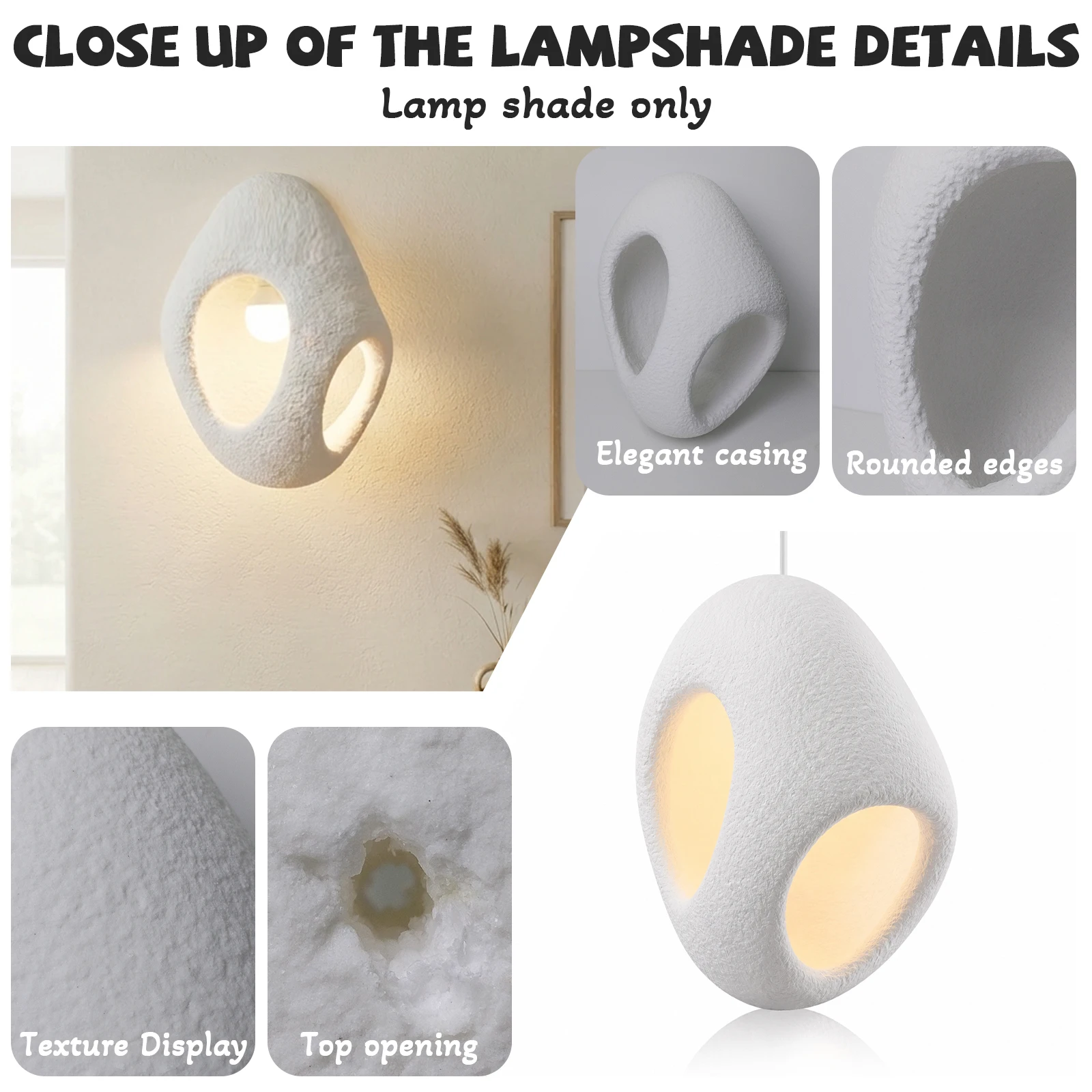 Wabi-Sabi Pebble Egg Lamp Shade, Textured White Resin Cover for Pendant Wall Light Bedroom