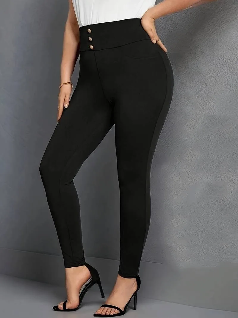 GIBSIE Plus Size tinta unita bottone anteriore pantaloni Skinny donna primavera estate pantaloni a matita Casual elastici a vita alta per le signore