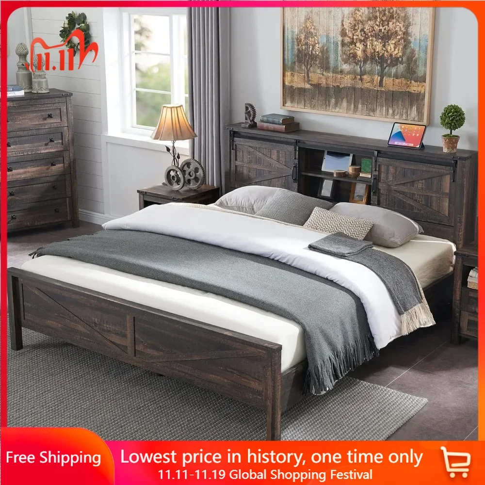 Queen Bed Frame with Bookcase Headboard Sliding Barn Door Charging Station, Wood Slats Support, No Box Spring Needed，Bed Frame