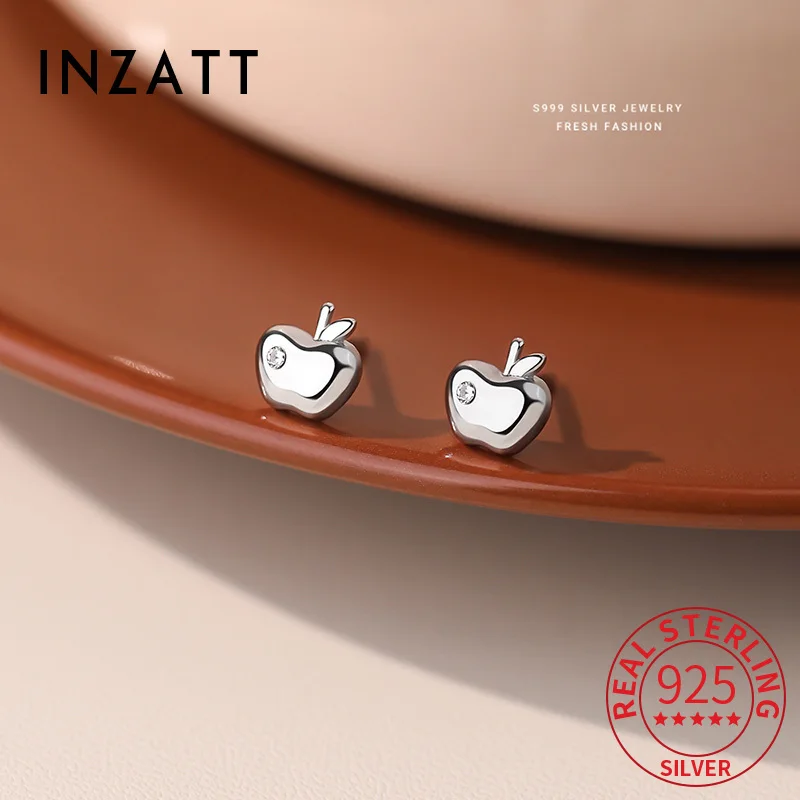 

INZATT Real 925 Sterling Silver Zircon Apple Mini Fruit Stud Earrings for Women Hiphop Fine Jewelry Ear Hole Care Accessories
