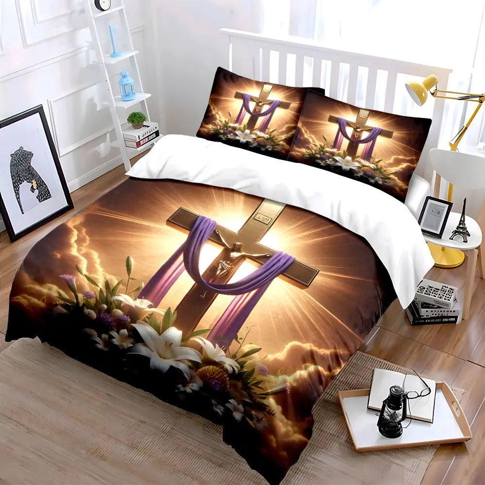 

Sacred Cross Floral Set for Worship kid's and adults' bedroom decor, Exquisite three-piece bedding set gift